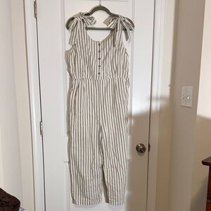 Mod Ref Cream White and Gray Striped Jumpsuit with Bow Accent cotton + linen